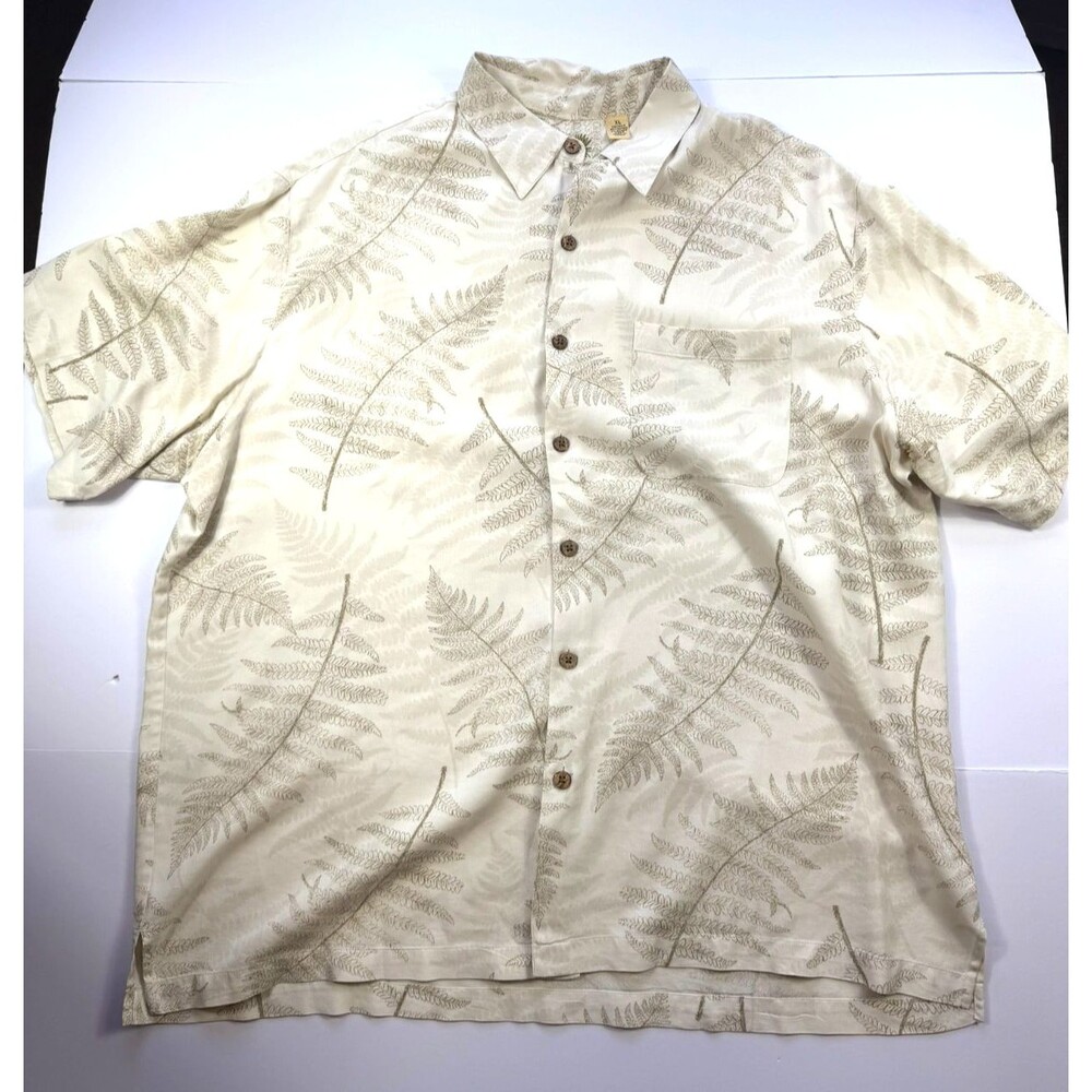 Caribbean Brand Men’s XL Silk Blend Fern Print Hawaiian Shirt Short Sleeve Cream